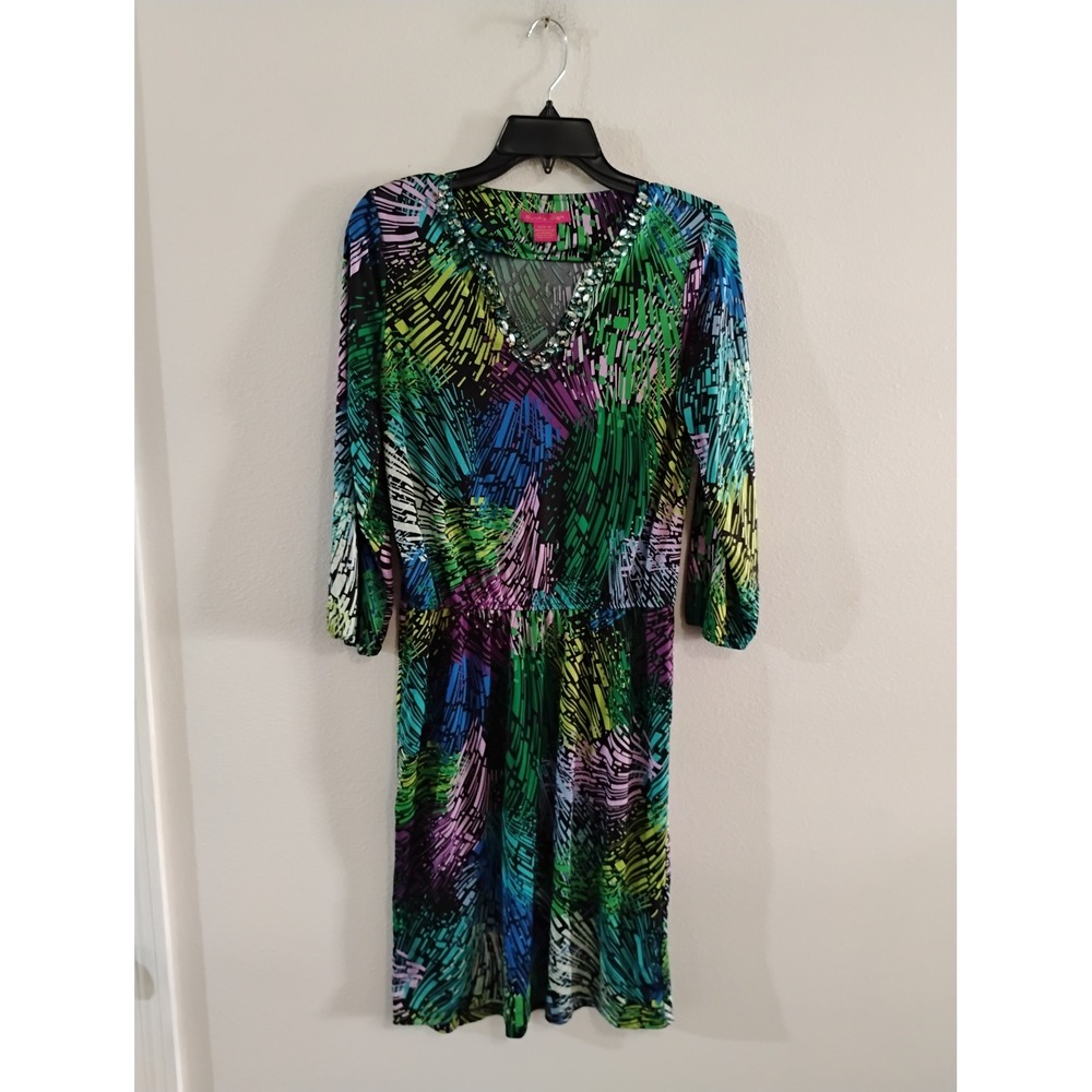 Sunny Leigh Abstract Print Rhinestone V-Neck Dress Green Blue Purple Medium